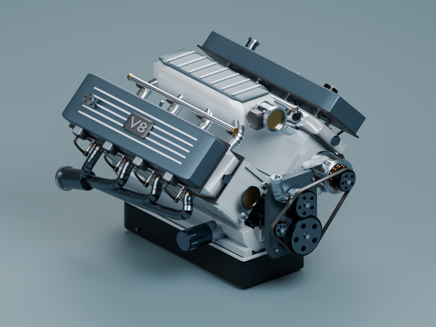 Blender studio render of the assembled V8 with ribbed blue valve covers, silver block and black oil pan