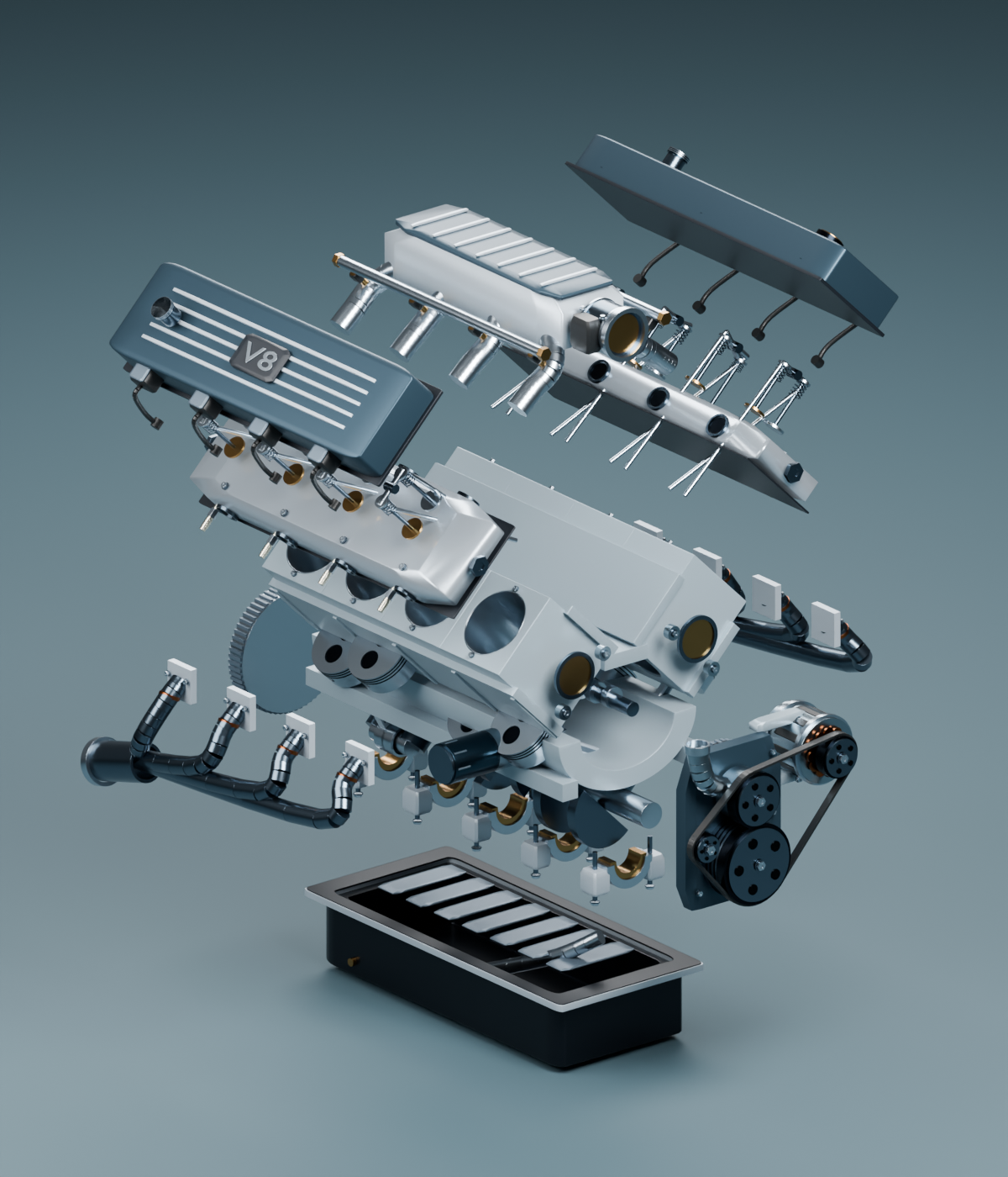 Exploded Blender render showing the covers, heads, valvetrain, block, pistons, main bearings and hollow sump